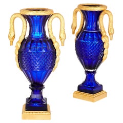 Pair of Russian Cut Blue Glass and Gilt Bronze Vases