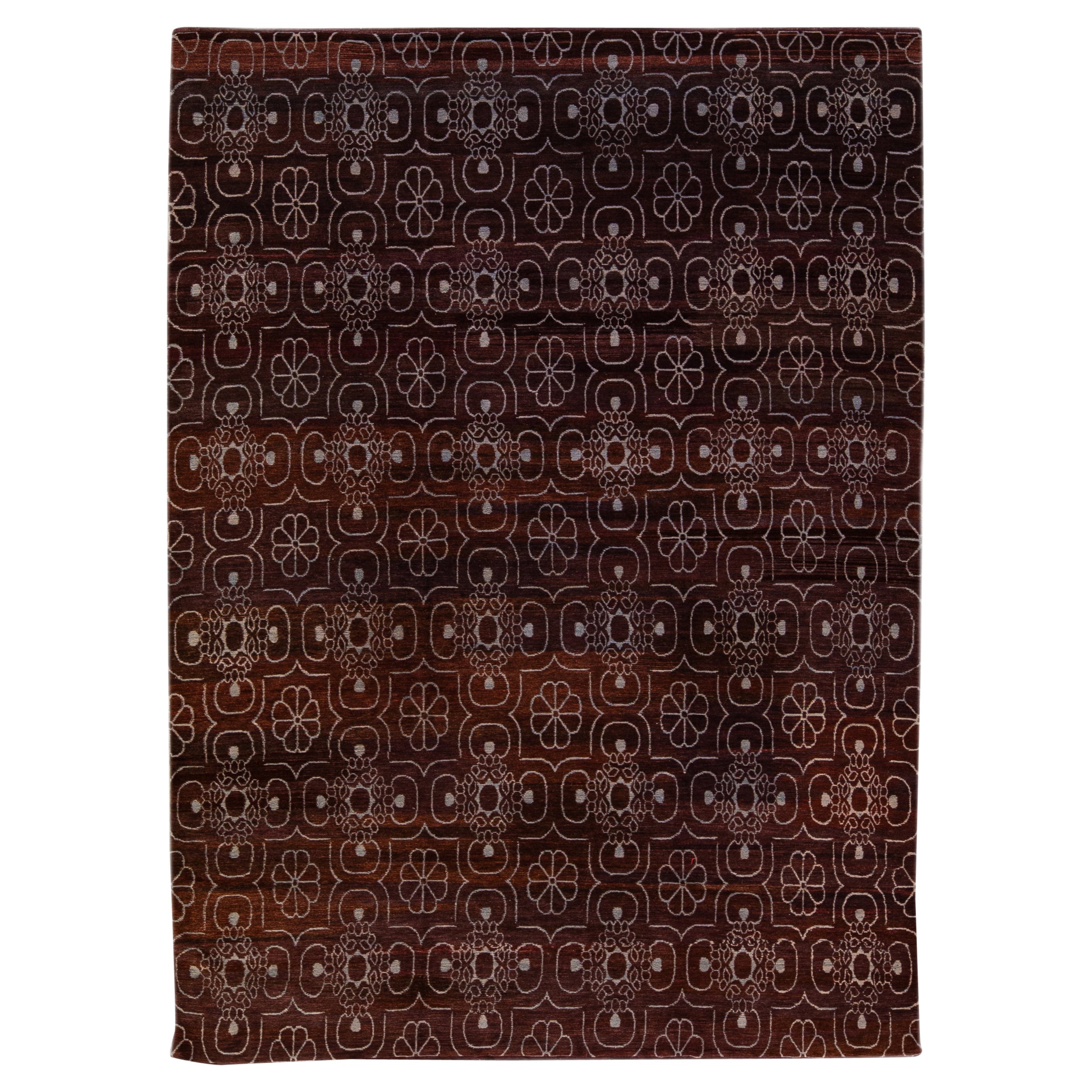Handgefertigter burgunderroter Teppich aus Wolle und Seide im modernen tibetischen Arabesque-Stil