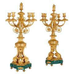 Antique Pair of French Neoclassical Style Gilt Bronze and Malachite Candelabra