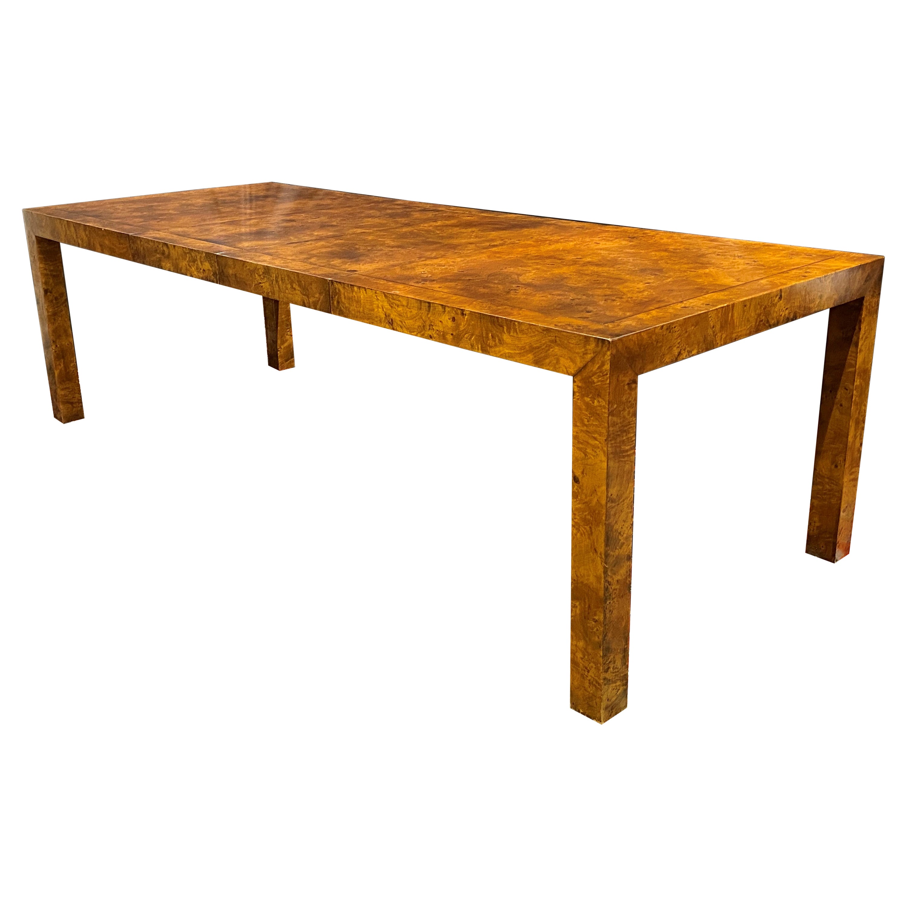 Milo Baughman Style Burlwood Parsons Dining Table with Two Leaves