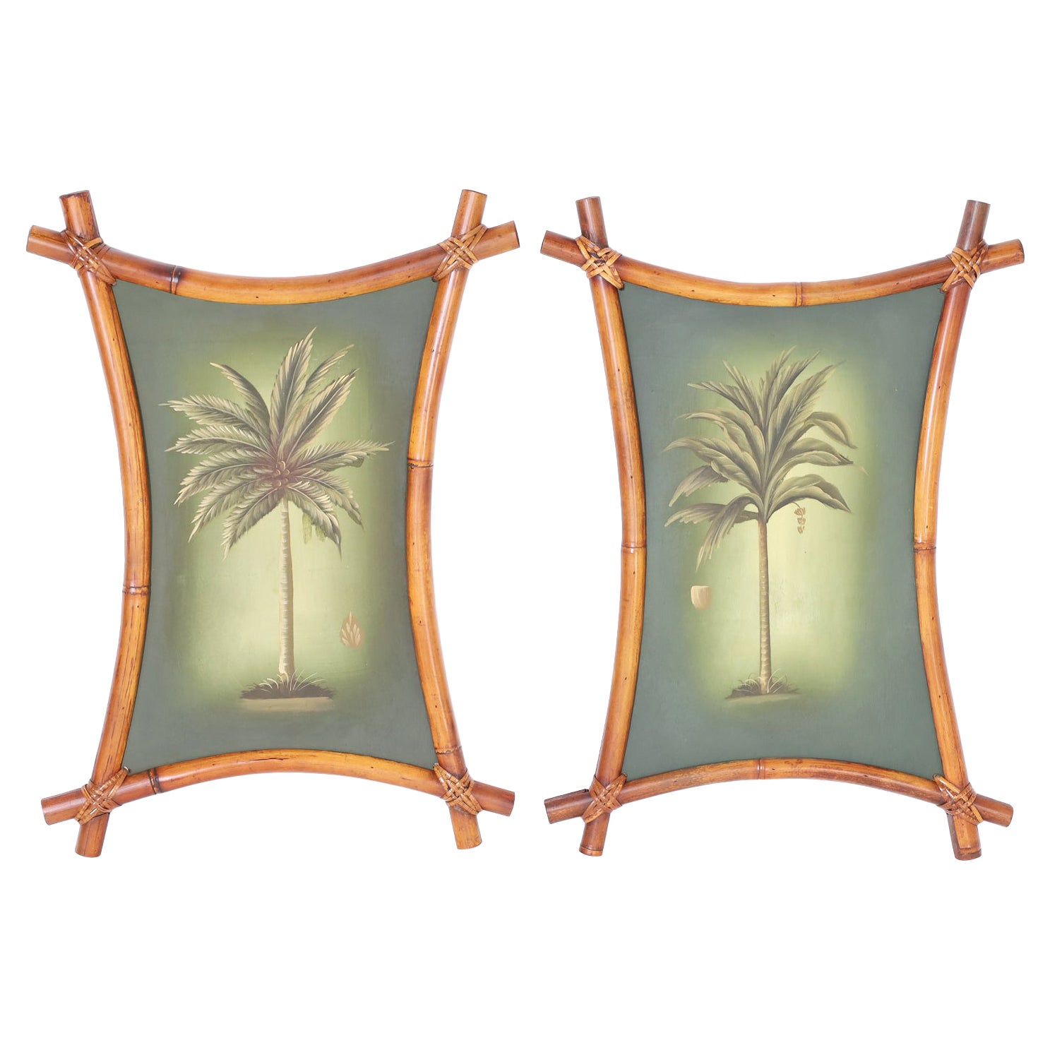 Pair of Palm Tree Paintings in Bamboo Frames