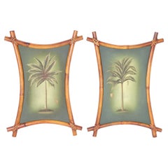 Pair of Palm Tree Paintings in Bamboo Frames