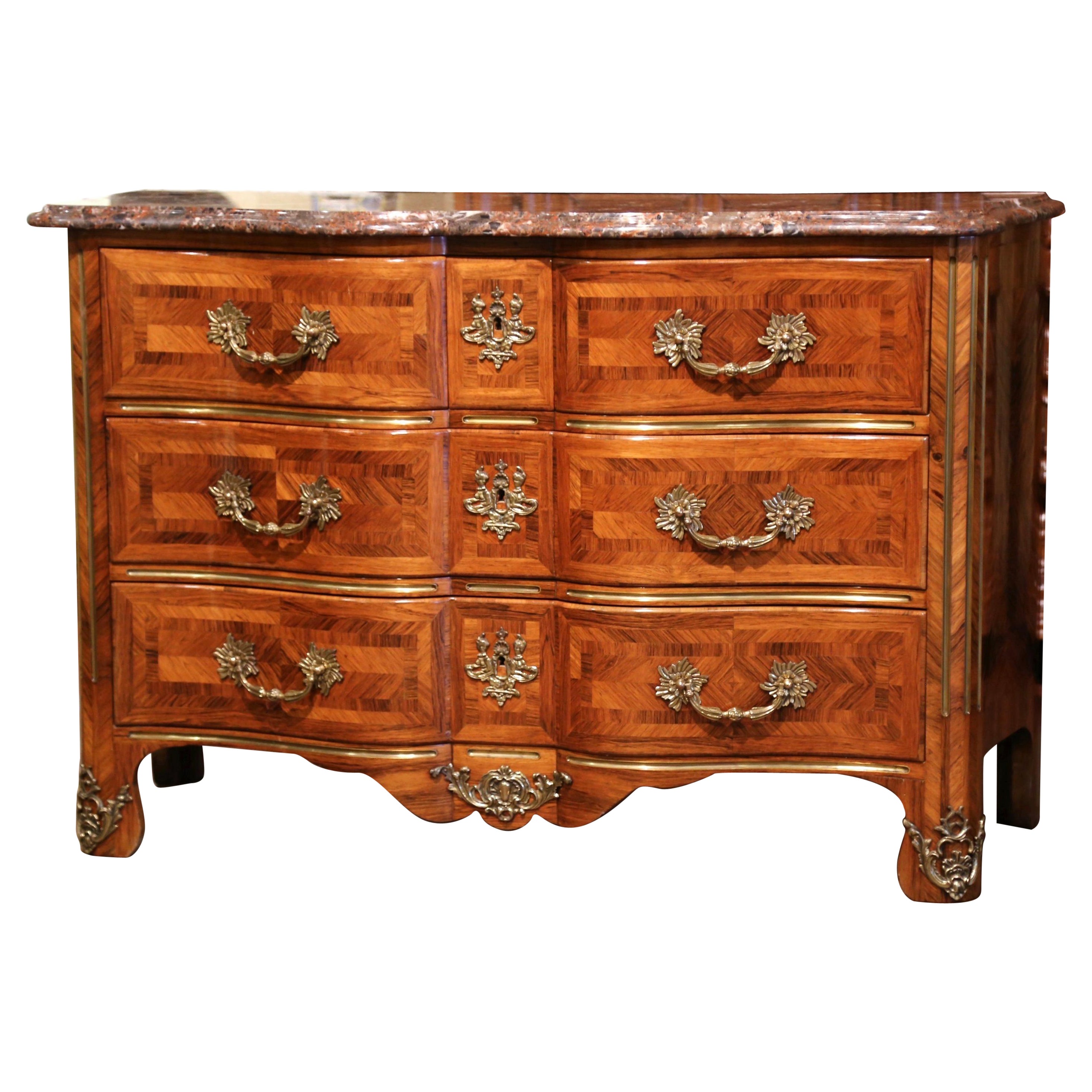 Early 20th Century Louis XIV Carved Marquetry Walnut and Marble Commode Chest