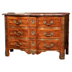 Antique Early 20th Century Louis XIV Carved Marquetry Walnut and Marble Commode Chest