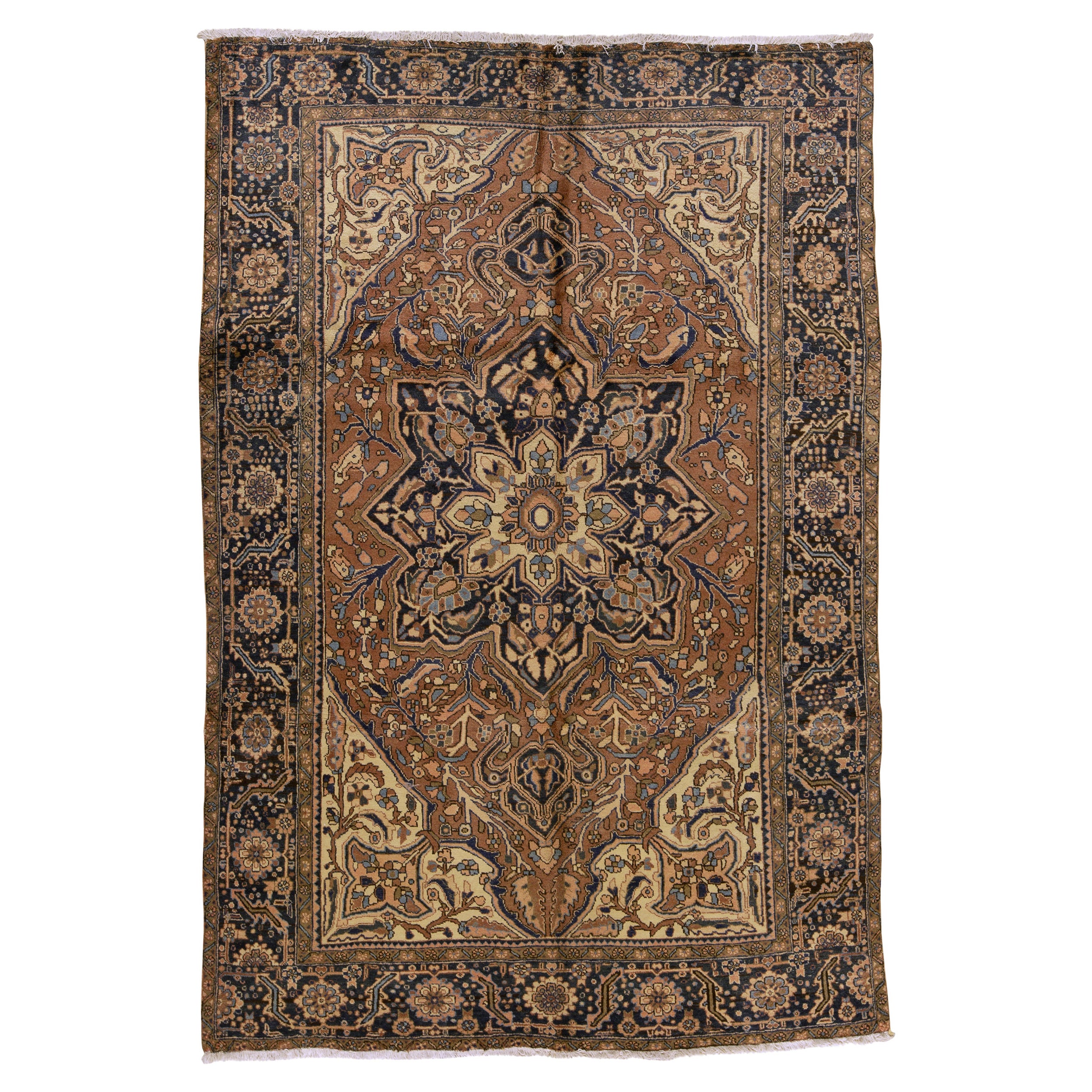   Antique Persian Fine Traditional Handwoven Luxury Wool Rust / Navy Rug For Sale