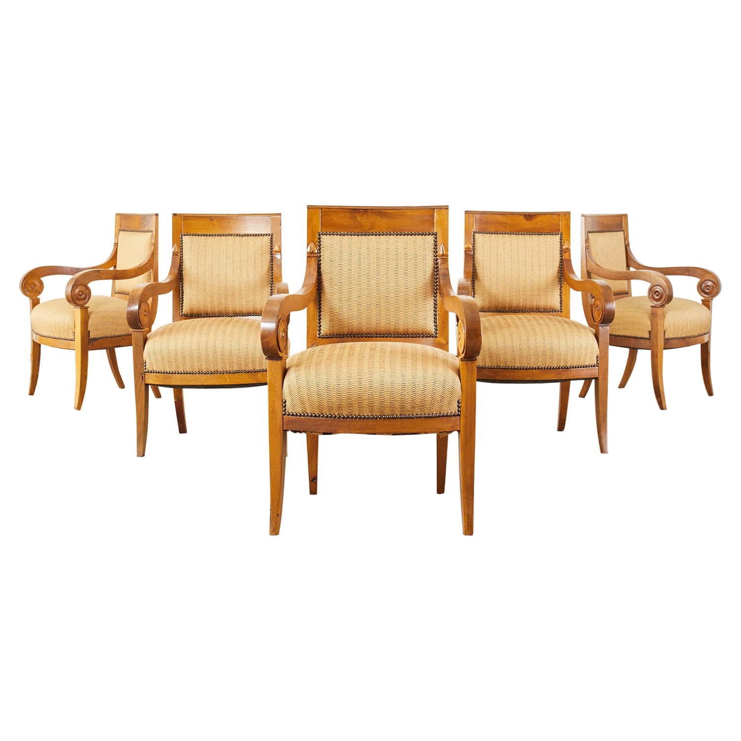 Set of Six French Empire Walnut Dining Armchairs
