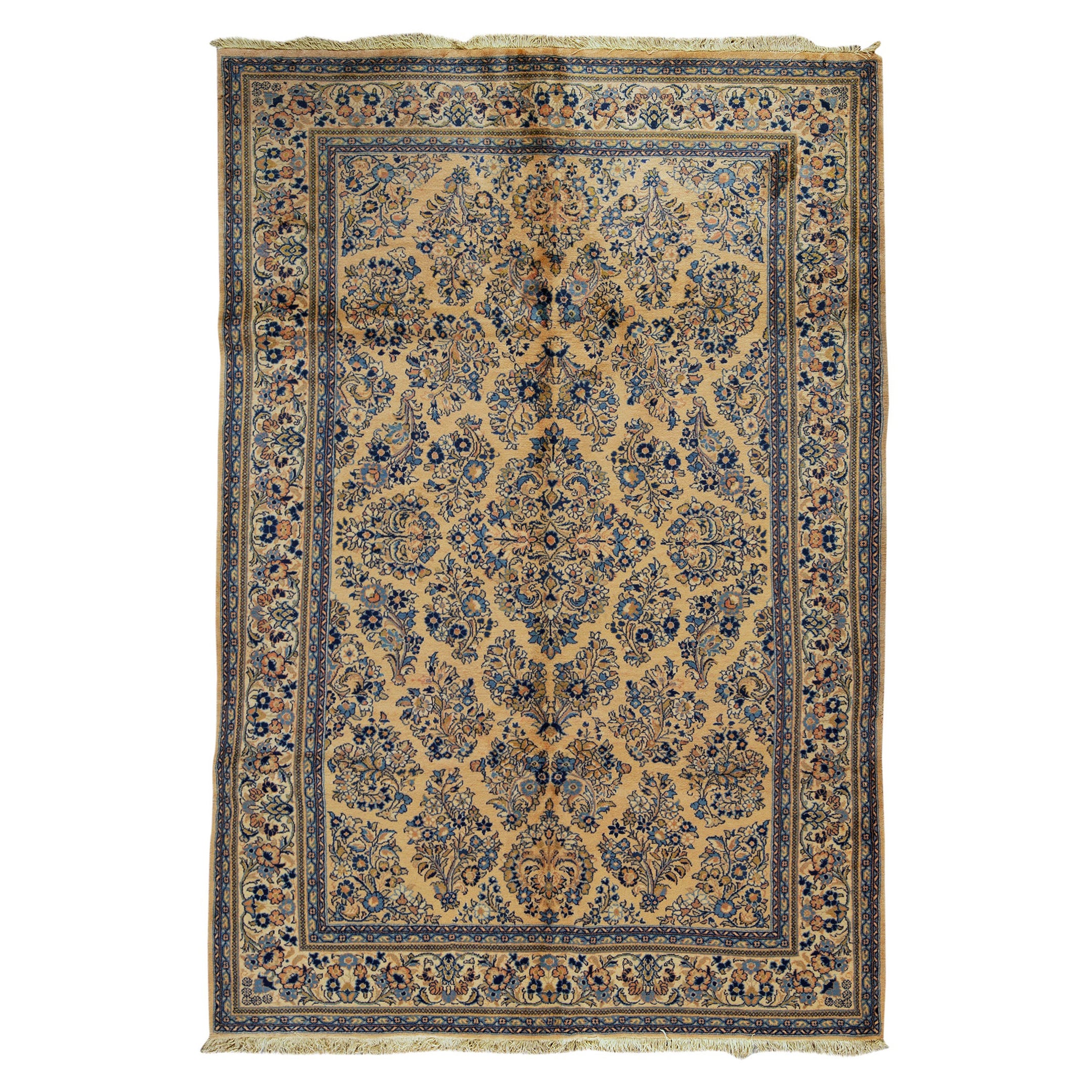   Antique Persian Fine Traditional Handwoven Luxury Wool Ivory / Blue Rug For Sale
