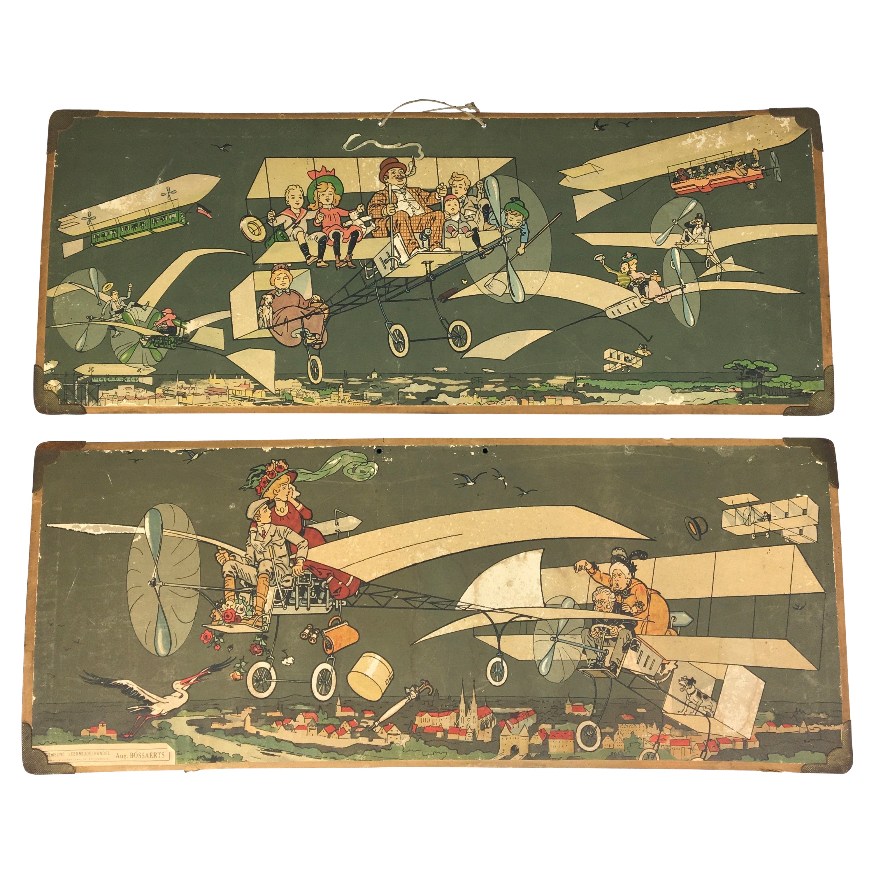 Antique School Plates Theme Flying with Zeppelins, Areoplanes, 1920s
