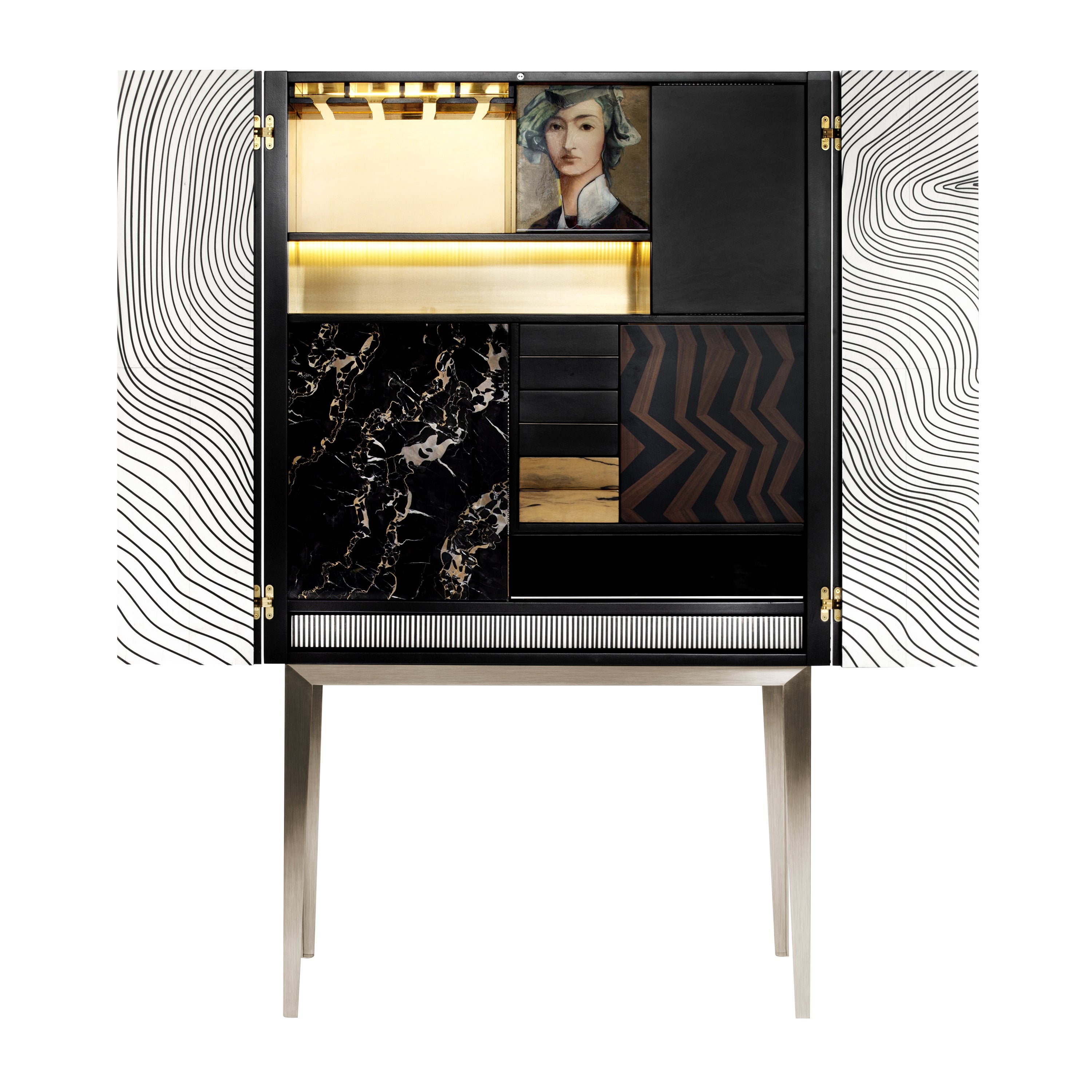 21st Century Majord’home Bar Cabinet, Maple and Ebony Inlays, Made in Italy