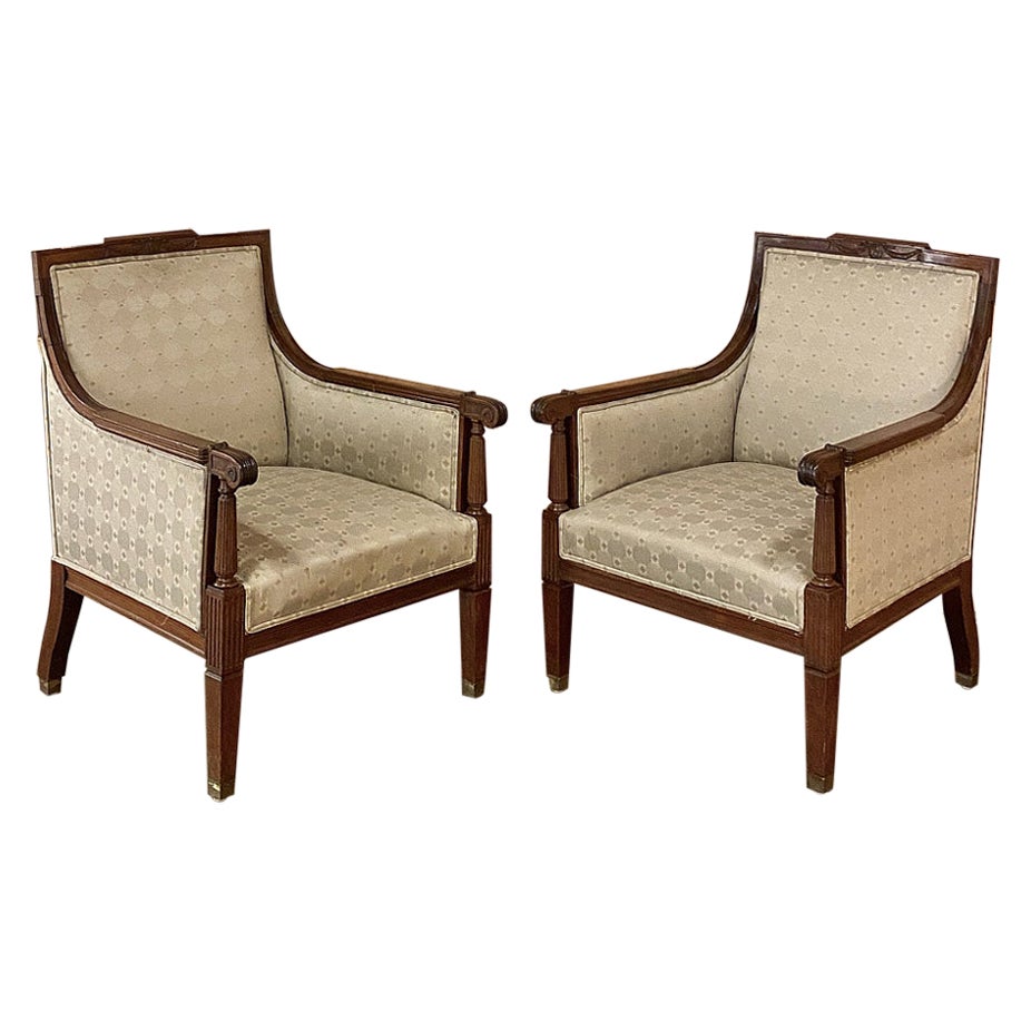 Pair Antique French Louis XVI Walnut Armchairs, Bergeres