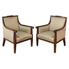 Pair Antique French Louis XVI Walnut Armchairs, Bergeres