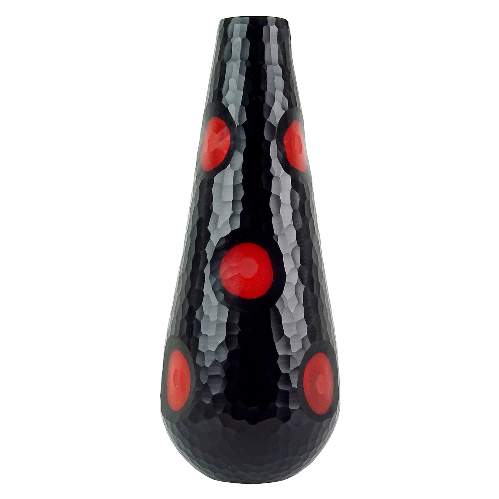 Murano Modern Carved Black over Red Italian Art Glass Sculptural Flower Vase For Sale