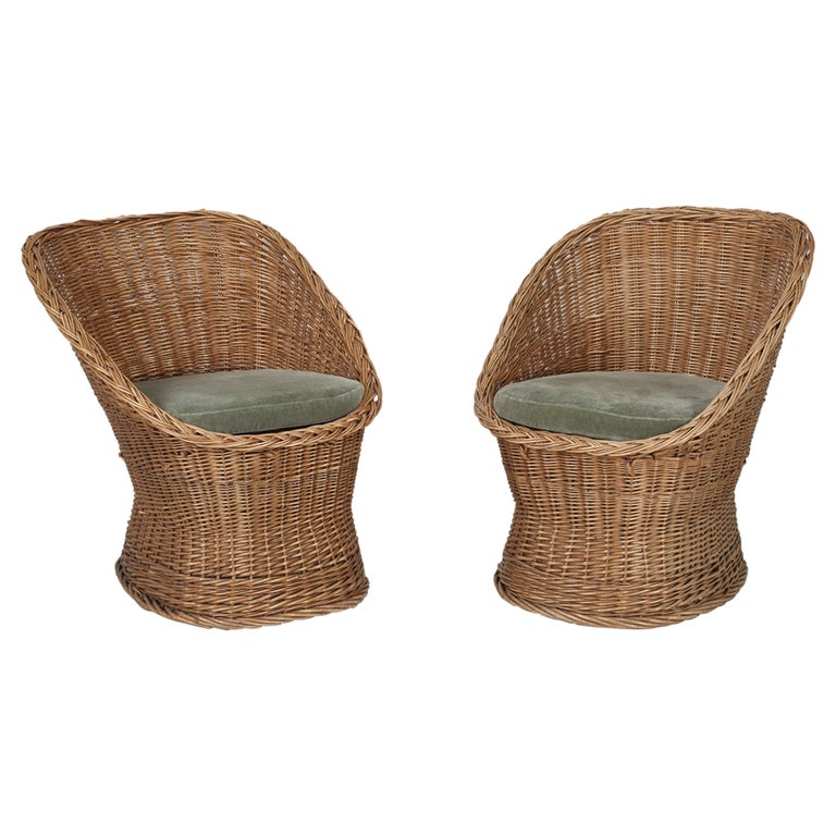 Woven Rattan Wicker Barrel Chairs with Vintage Mohair Seat Cushions at 1stDibs