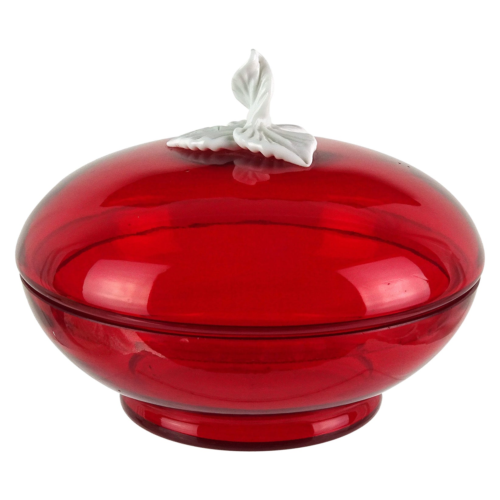 Venetian Murano Bright Red White Leaf Decoration Italian Art Glass Covered Bowl For Sale