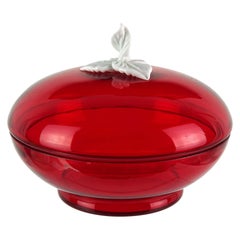 Vintage Venetian Murano Bright Red White Leaf Decoration Italian Art Glass Covered Bowl