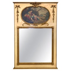 French Parcel Gilt and Cream Painted Trumeau Mirror with Painting