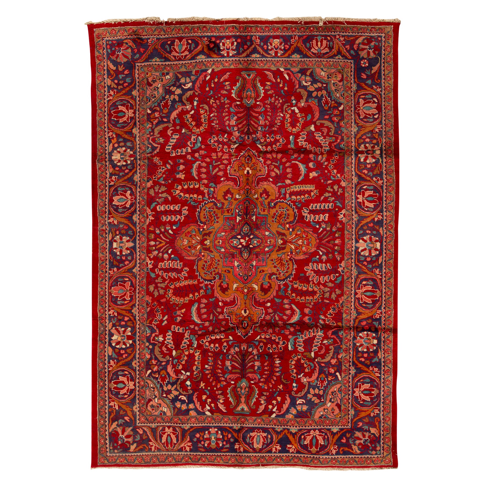   Antique Persian Fine Traditional Handwoven Luxury Wool Red / Blue Rug For Sale