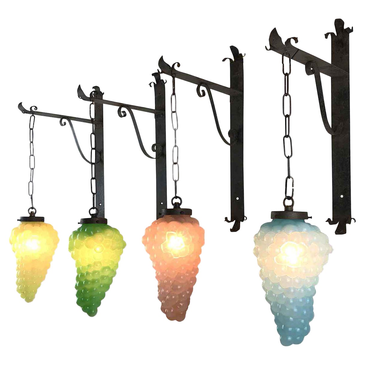 Set of Four Italian Glass Grape Sconces with Wrought Iron Brackets 1960s For Sale