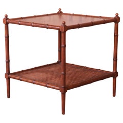 Baker Furniture Hollywood Regency Walnut, Faux Bamboo, and Cane Side Table