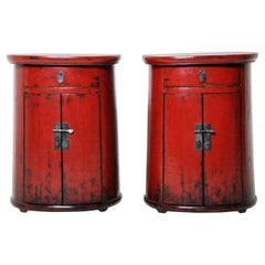 Pair of Red Lacquered Drum-Shaped Bedside Chests