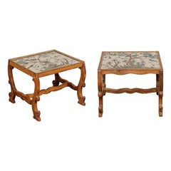 Italian Pair of Decorative Églomisé Mirrored Top Carved-Wood Side Tables