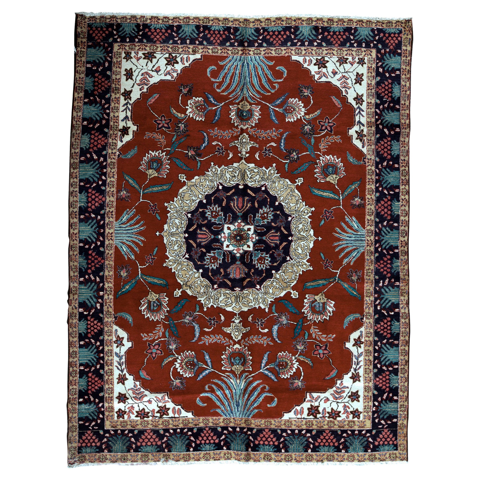   Antique Persian Fine Traditional Handwoven Luxury Wool Red / Navy Rug For Sale