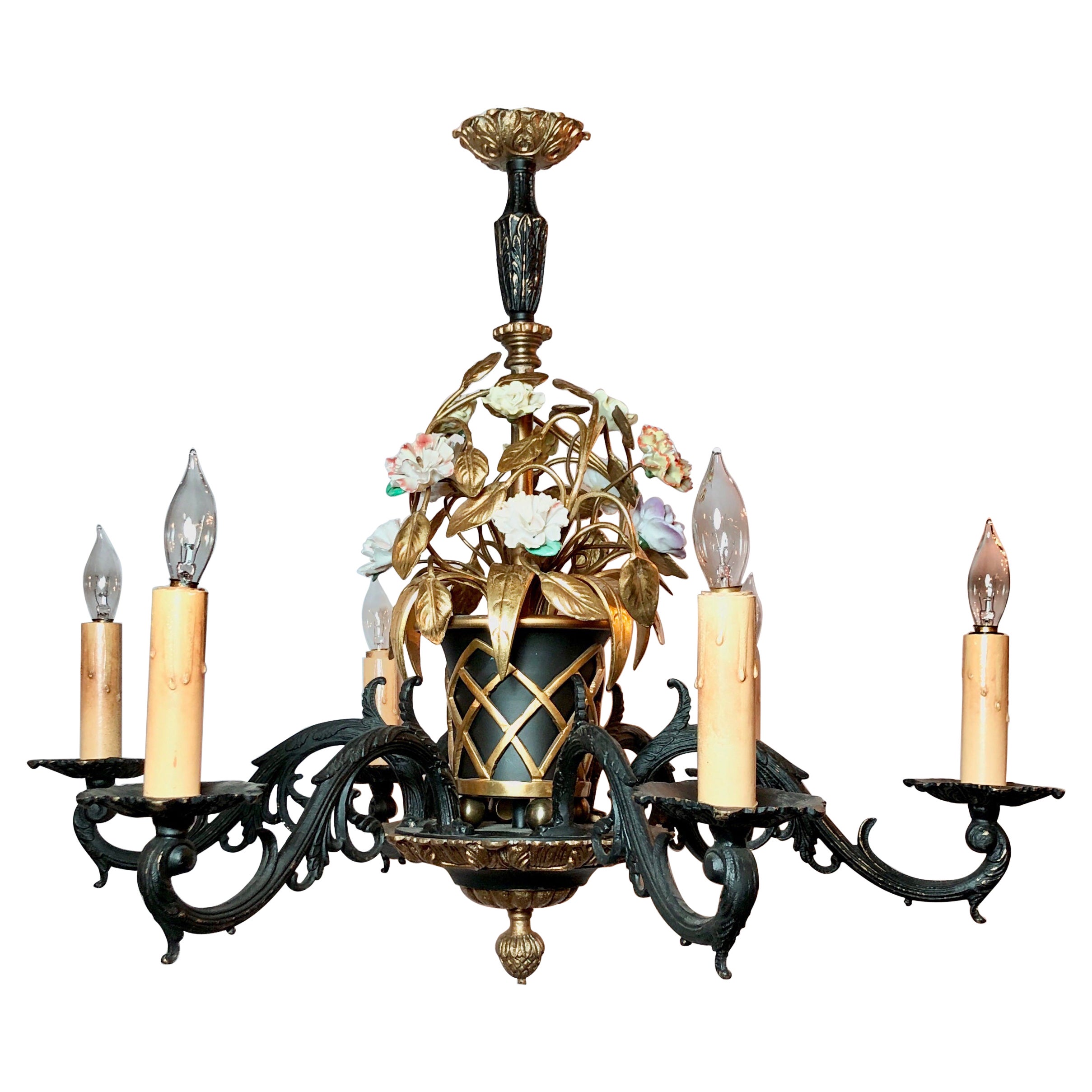 Antique French "Marie Antoinette" Iron & Brass Chandelier with Porcelain Flowers
