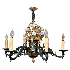 Used French "Marie Antoinette" Iron & Brass Chandelier with Porcelain Flowers