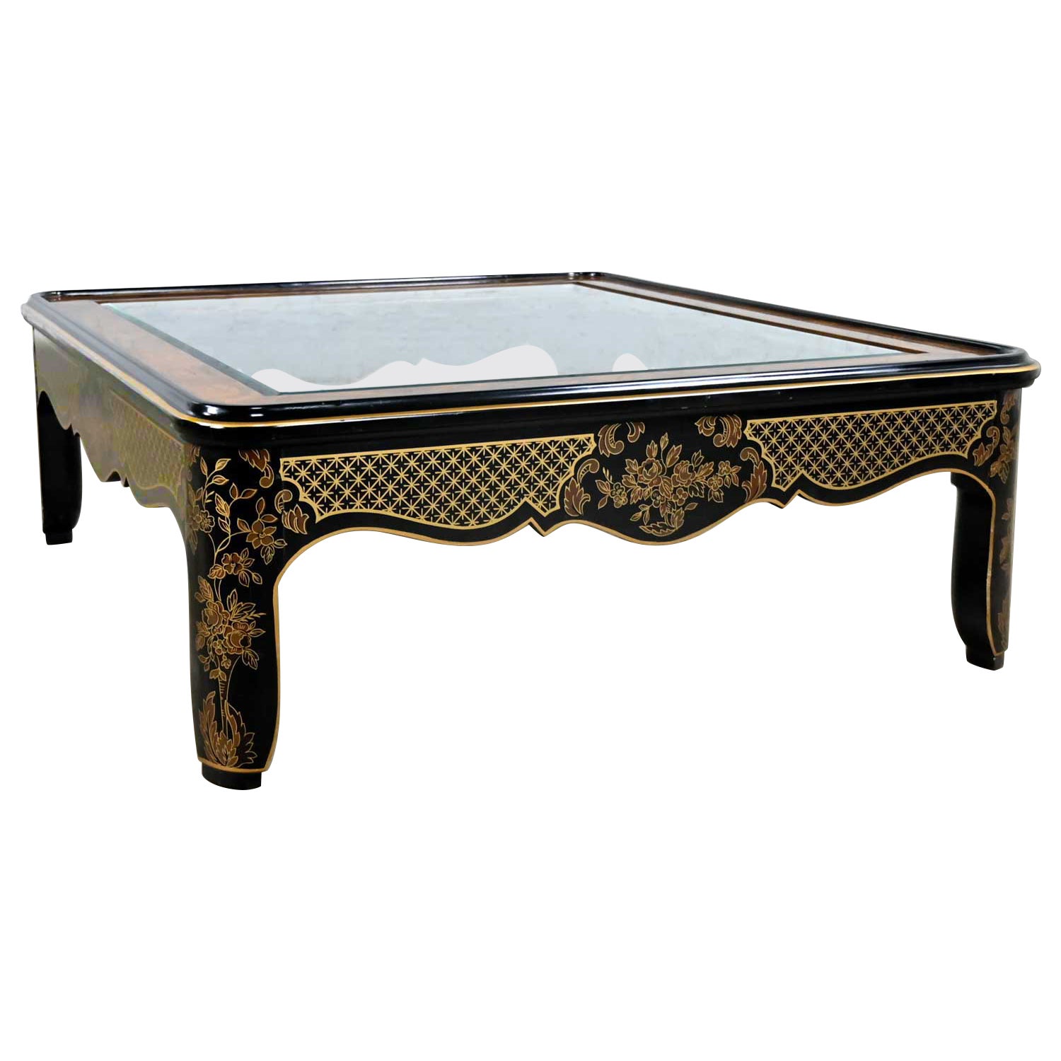 Drexel Heritage ET Cetera Collection Chinoiserie Black Gold Burl Coffee Table For Sale