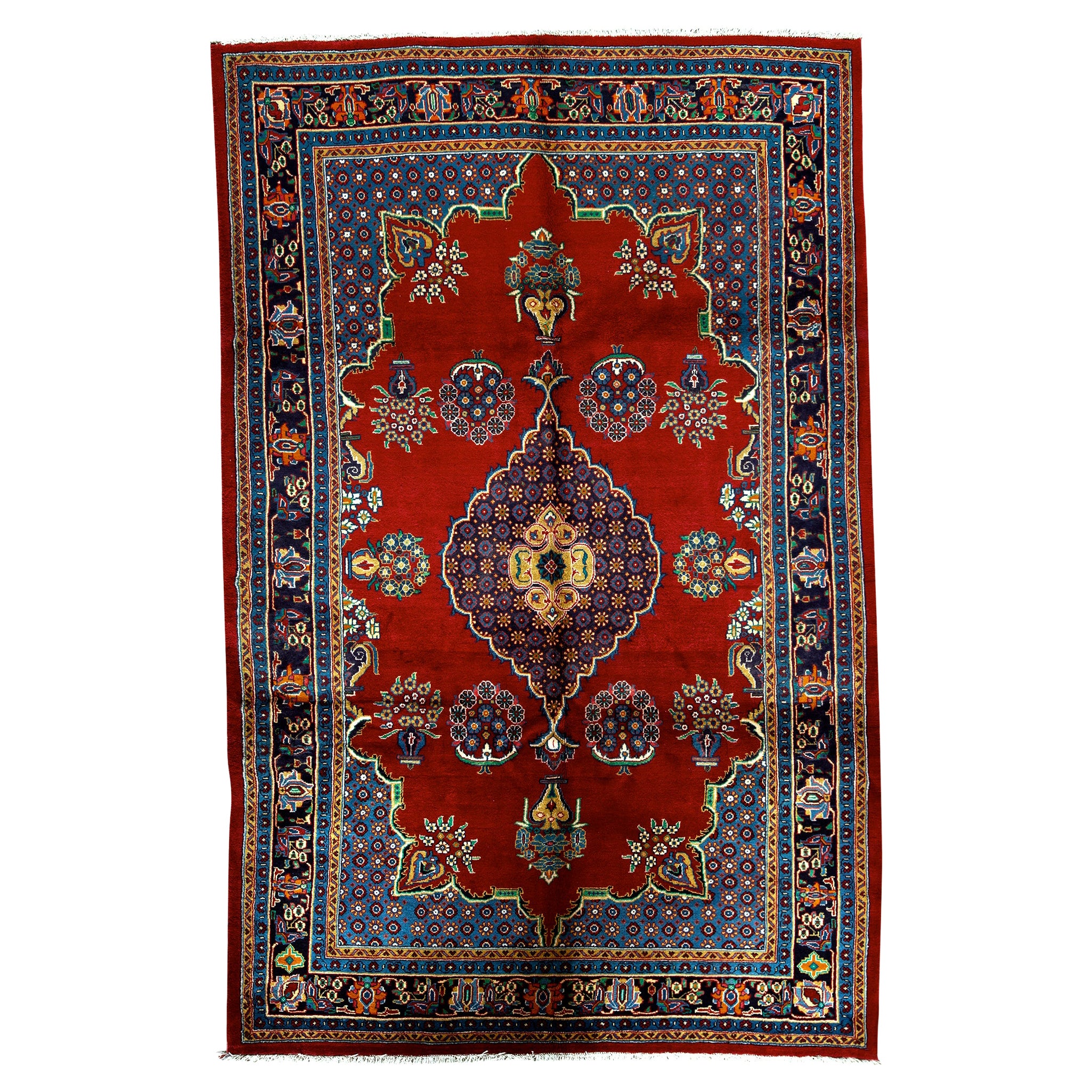 Antique Persian Fine Traditional Handwoven Luxury Wool Red / Navy Rug For Sale