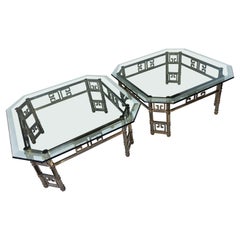 Used Pair of Aged Brass and Beveled Glass Cocktail Tables by Mastercraft