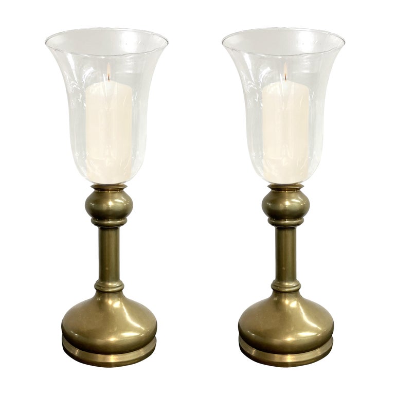 Pair of Vintage Brass Candlesticks with Hurricanes at 1stDibs