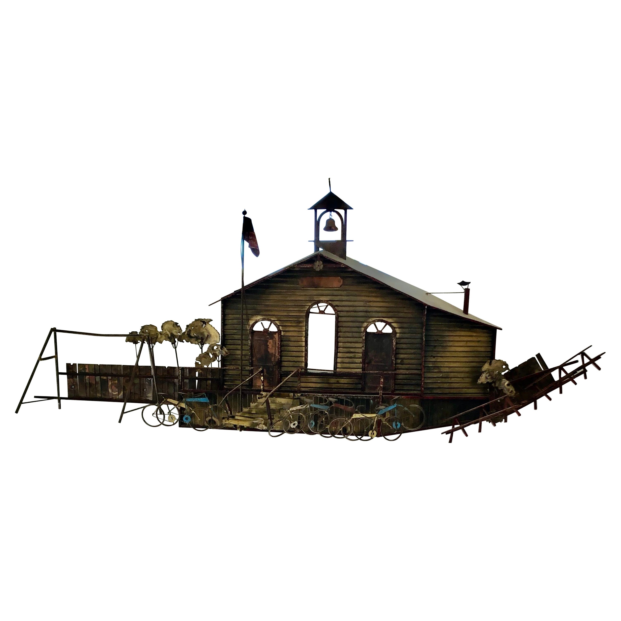 Delightful Artisan Made Metal Wall Sculpture of a Schoolyard For Sale