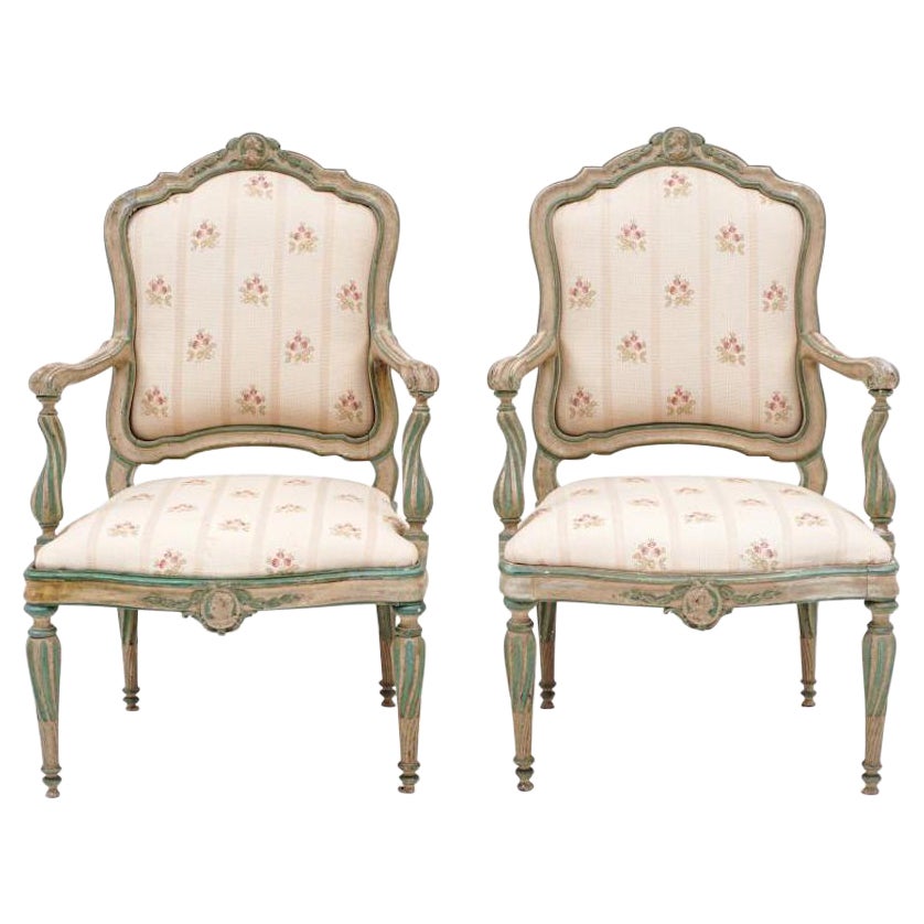 Pair of 18th Century Italian Carved and Painted Neoclassical Armchairs