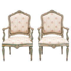 Antique Pair of 18th Century Italian Carved and Painted Neoclassical Armchairs