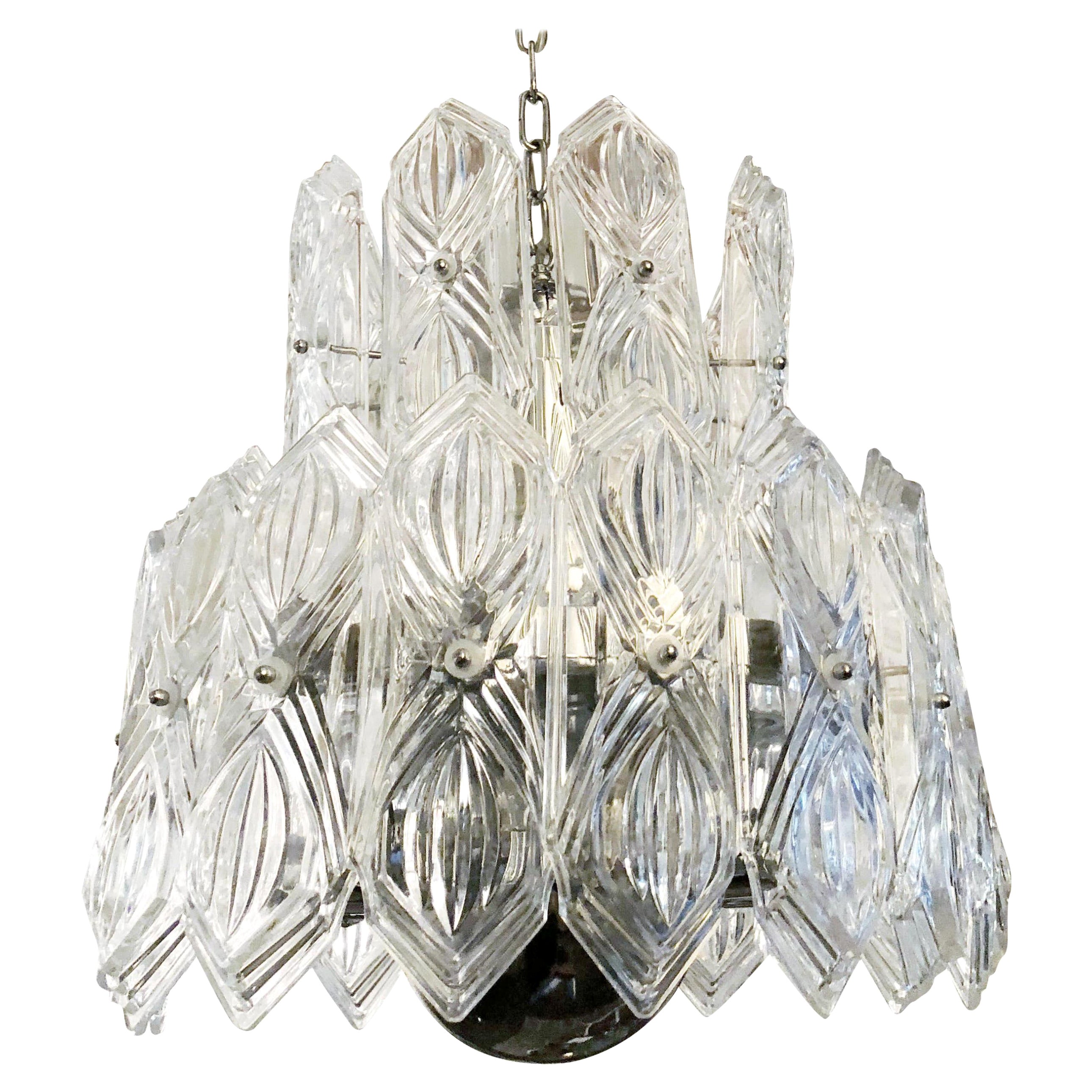 Art Deco Vintage Italian Chandelier, Clear Etched Glasses on Nickel, c 1960s For Sale