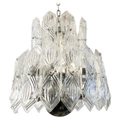 Art Deco Vintage Italian Chandelier, Clear Etched Glasses on Nickel, c 1960s