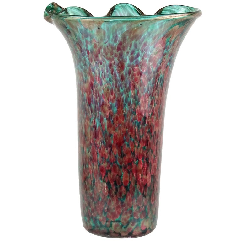 Fratelli Toso Murano Amethyst Green Aventurine Italian Art Glass Flower Vase For Sale