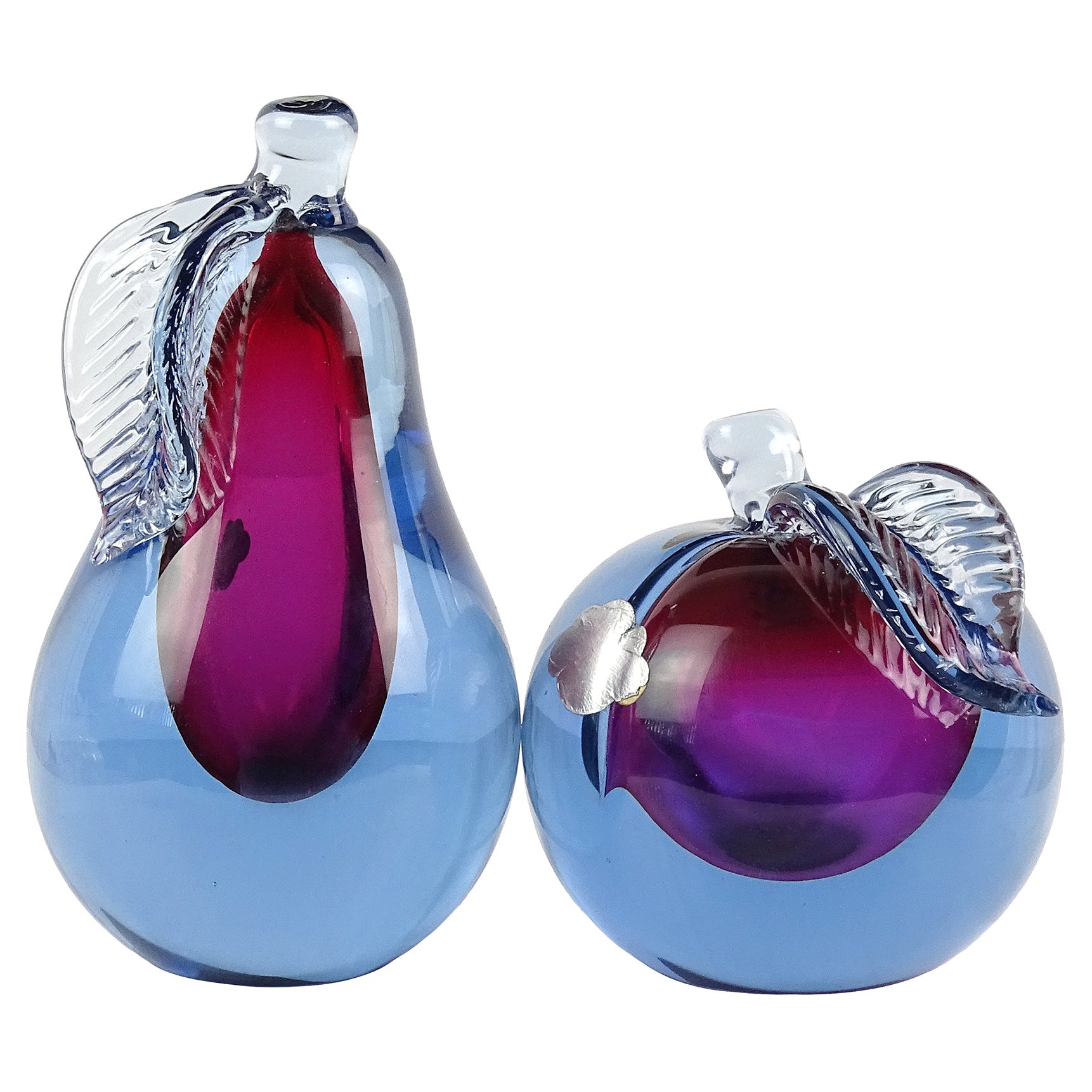 Alfredo Barbini Murano Sommerso Purple Blue Italian Art Glass Fruit Bookends