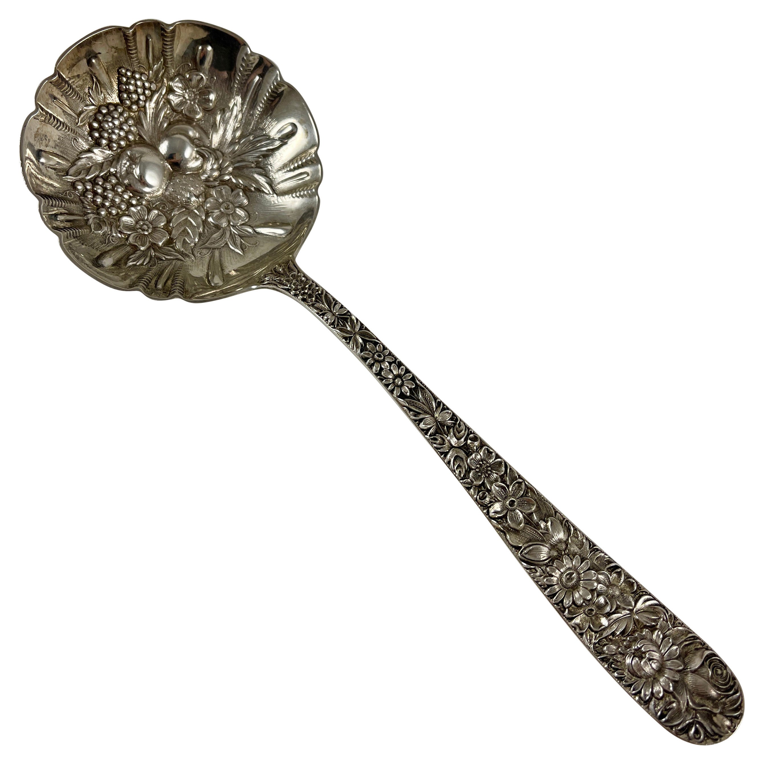 S. Kirk & Son Long Handled Sterling Silver Repousse Rose Berry Fruit Spoon, 1930