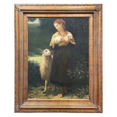 Mid-Century French Oil on Canvas Painting "The Newborn Lamb" in Carved Frame