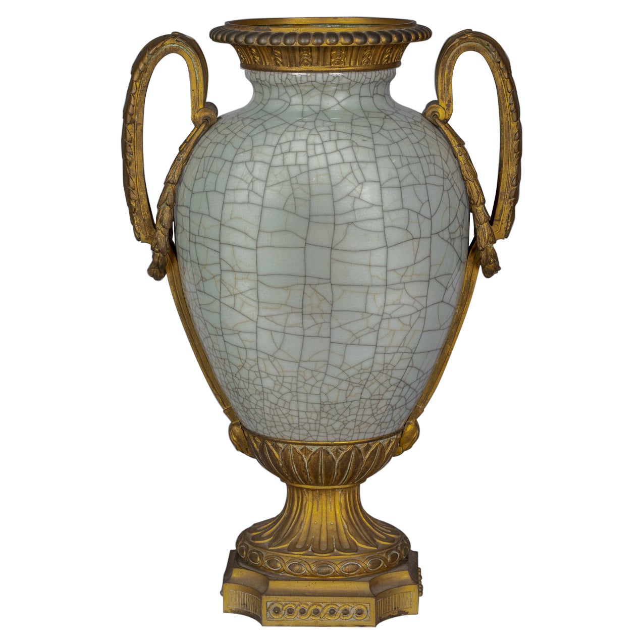 Bronze Mounted Chinese Porcelain Crackled Celadon Two-Handled Vase, Circa 1860 For Sale