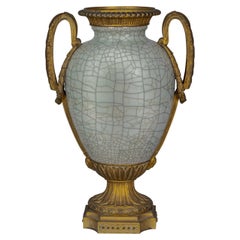 Bronze Mounted Chinese Porcelain Crackled Celadon Two-Handled Vase, Circa 1860