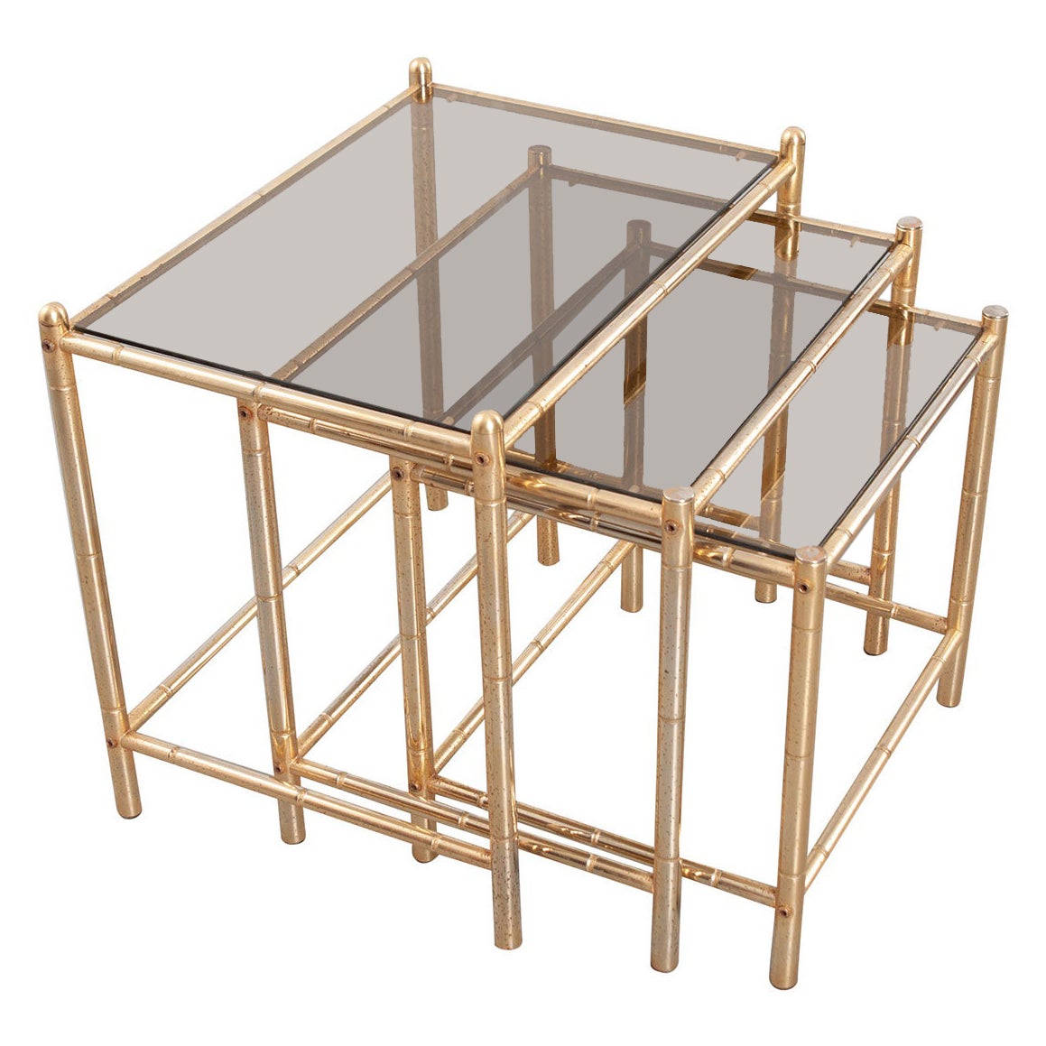 French Vintage Brass Nesting Tables with Tinted Glass Tops