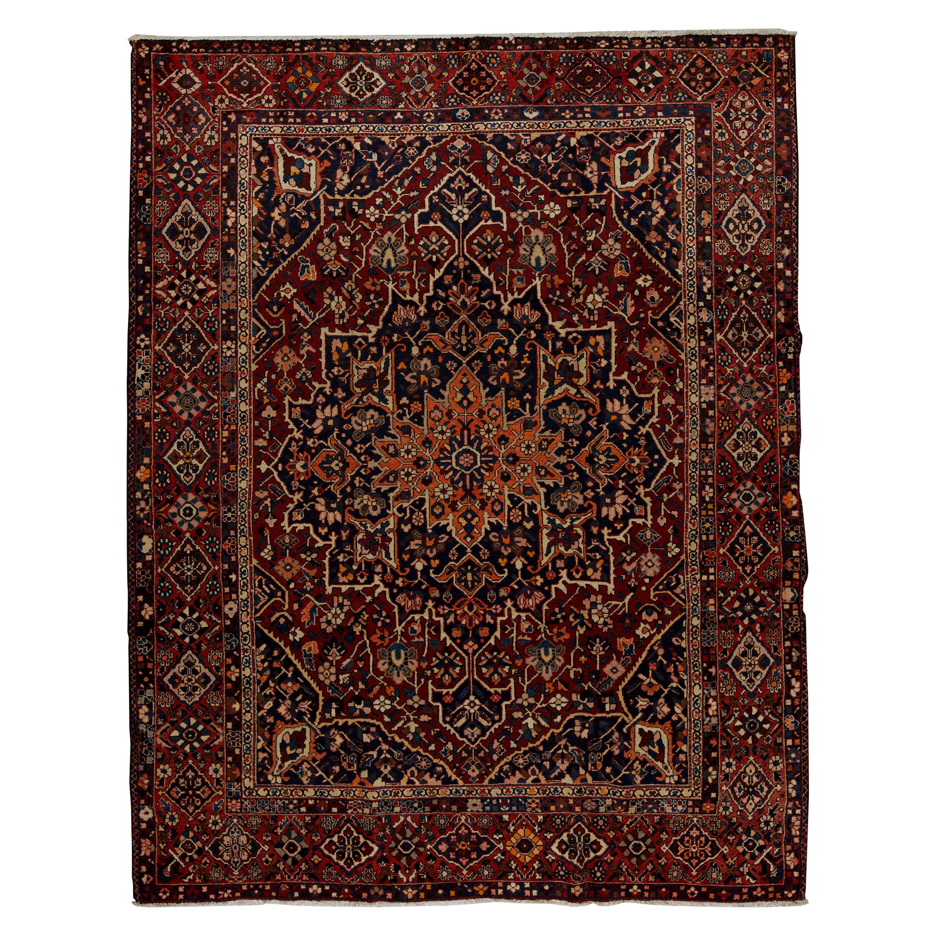 Antique Persian Fine Traditional Handwoven Luxury Wool Navy / Red Rug For Sale