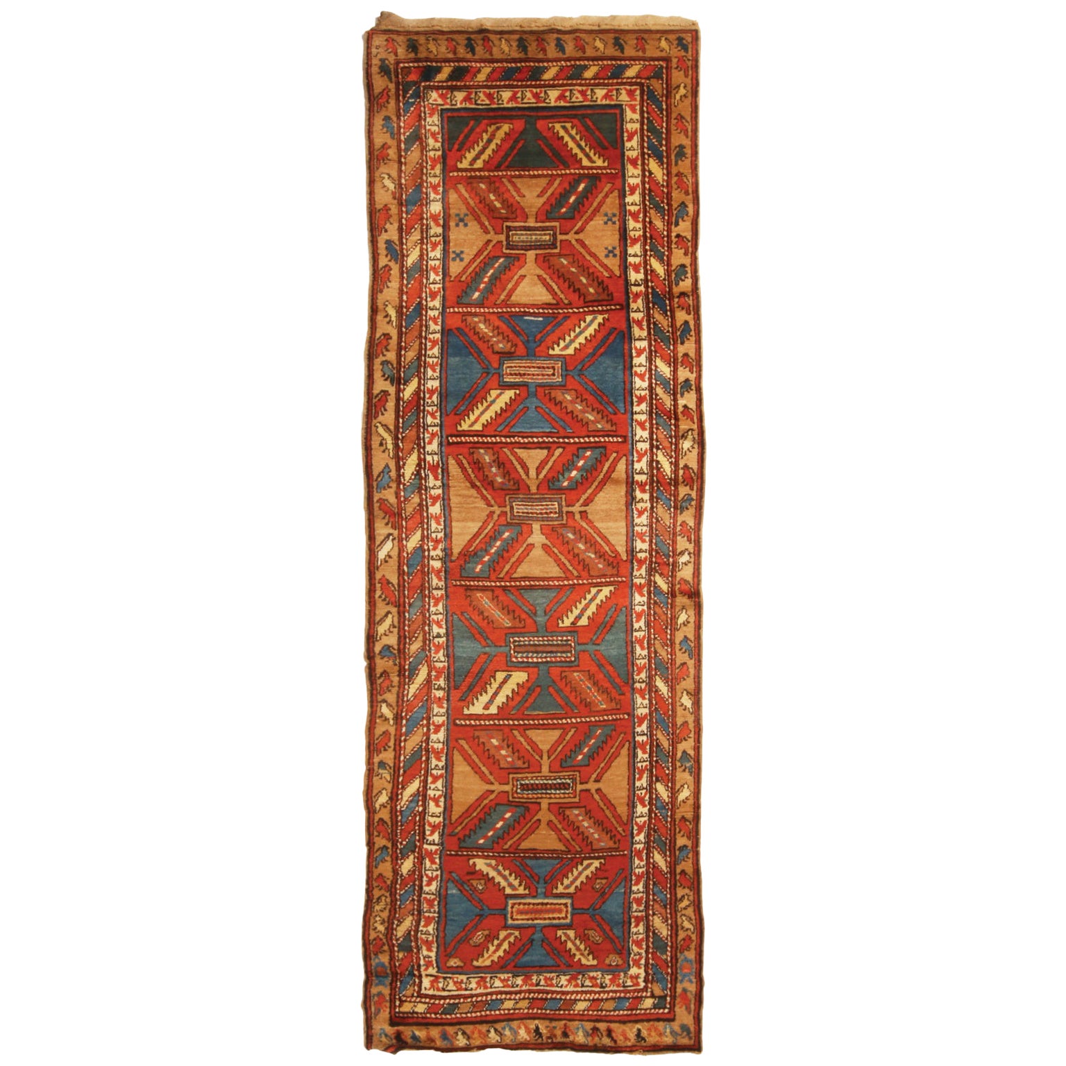 Antique Bakhshaish Red and Blue Geometric Wool Persian Runner by Rug & Kilim For Sale