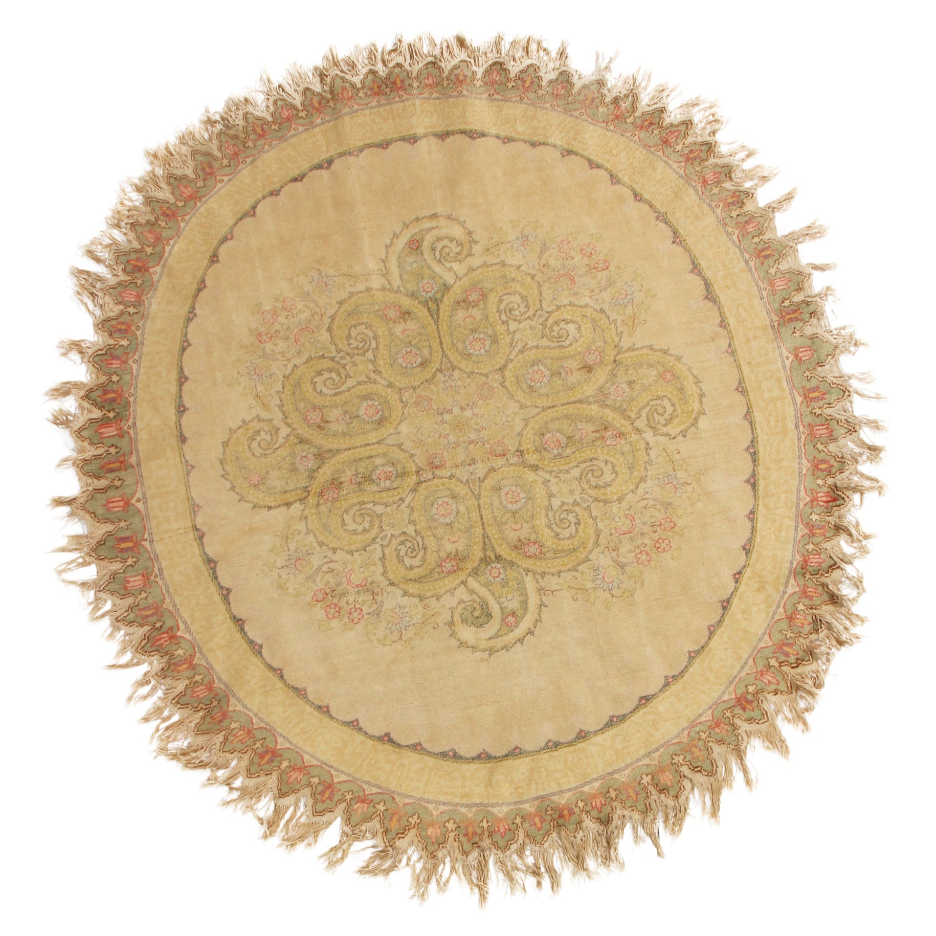 Vintage Hereke Beige Cream Oval Rug with Boteh Medallion Design by Rug & Kilim