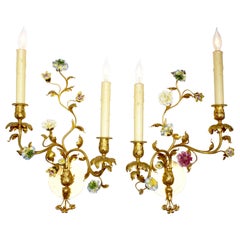 Pr French Belle Epoque Louis XV Style Gilt Metal & Porcelain Flower Wall Sconces