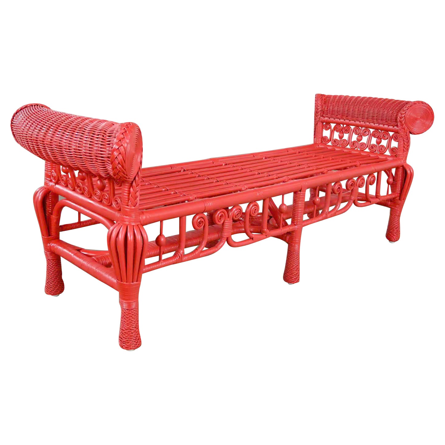Hollywood Regency Boho Chic Poppy Red Painted Gondola Style Wicker Bench Table
