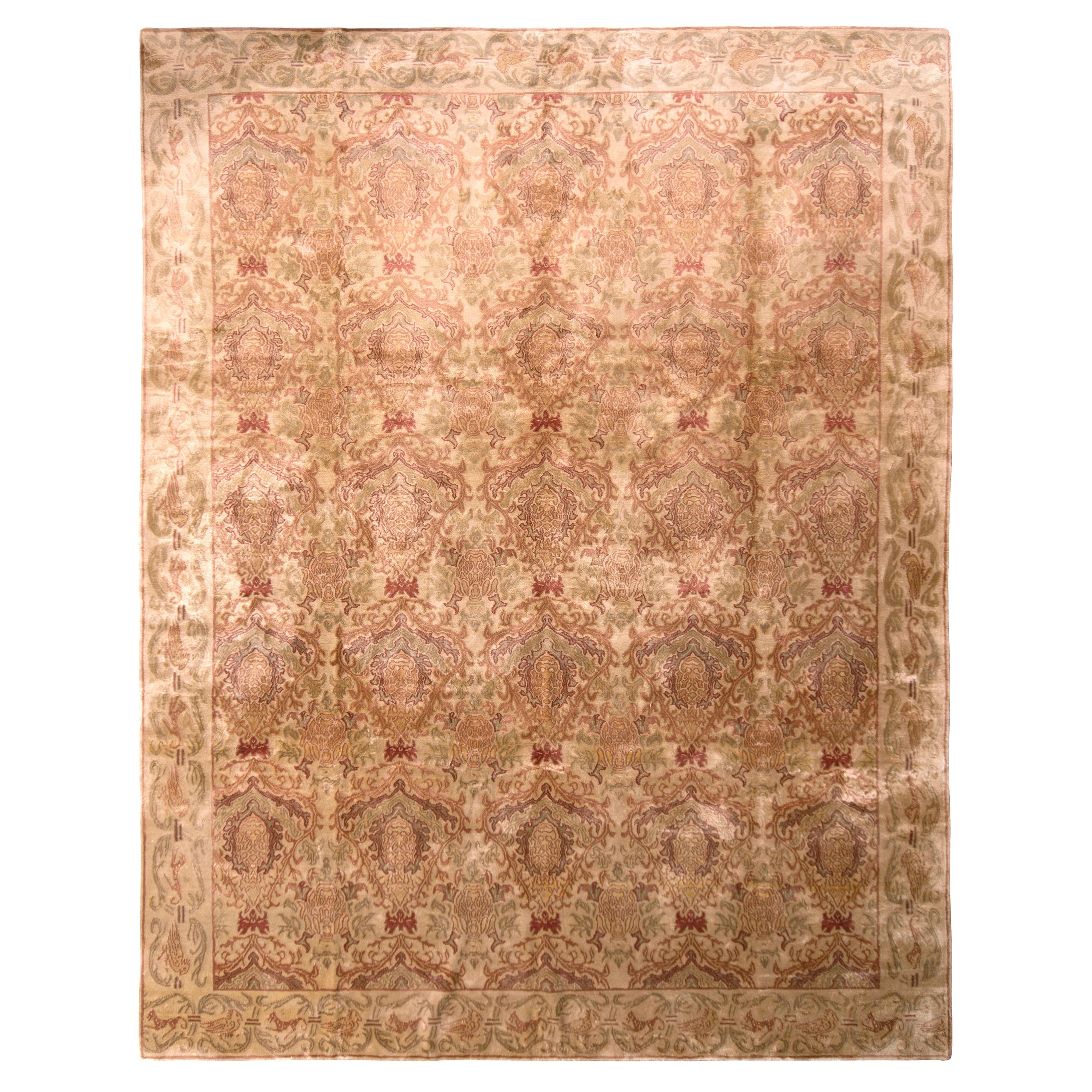 Hand Knotted European-Style Rug Beige Pink Silk Floral Pattern by Rug & Kilim For Sale